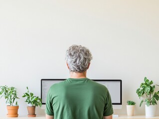Aufkleber - Modern Online Learning Mature Adult in Minimalist Home Office with Dual Monitors