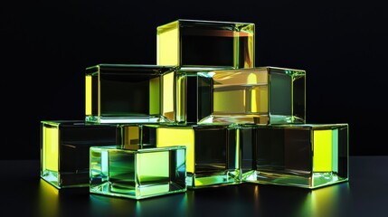 Poster - Stunning 3D Render of Stacked Translucent Geometric Blocks with Vibrant Lighting Effects
