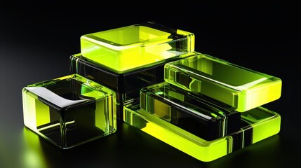 Poster - Captivating 3D Render of Stacked Translucent Geometric Blocks with Vibrant Green Highlights