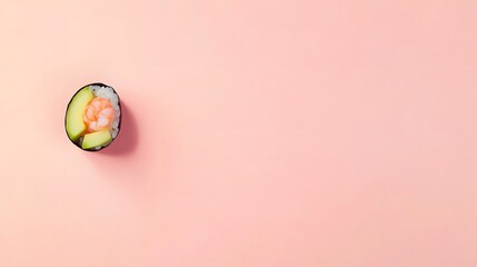 Wall Mural - A delicate sushi roll with avocado, cucumber, and shrimp, placed on a soft-colored background with space for text