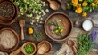 © Pichapob - Rustic Wooden Table Set for Meal with Fresh Herbs and Flowers