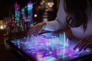 Poster - A professional tapping on a tablet, with holographic charts and graphs floating in the air.