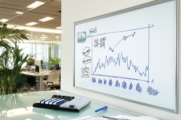 Aufkleber - A sales chart with an upward trend drawn on a whiteboard in a corporate setting