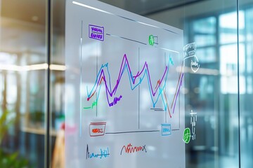 Aufkleber - A sales chart with an upward trend drawn on a whiteboard in a corporate setting