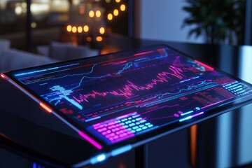 Poster - A smart desk with built-in touchscreens, displaying real-time stock market data.