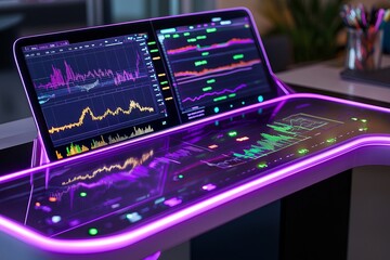 Poster - A smart desk with built-in touchscreens, displaying real-time stock market data.