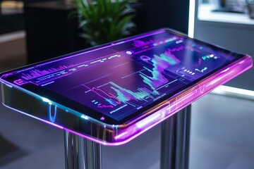 Poster - A smart desk with built-in touchscreens, displaying real-time stock market data.