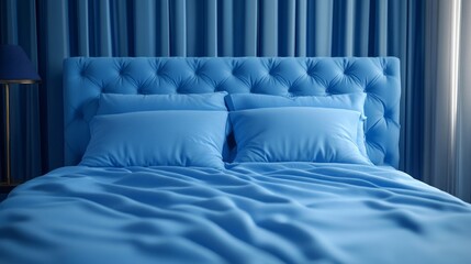 Aufkleber - Soft blue bedding with plush pillows invites relaxation in a cozy bedroom. The delicate texture of the fabric contrasts elegantly with the soothing blue curtains, creating a tranquil space