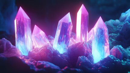 Poster - Floating Crystalline Shapes with Sharp Edges in Vibrant Colors and Illuminated Background