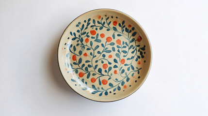 vintage hand painted floral pattern ceramic plate with blue and orange design on white background