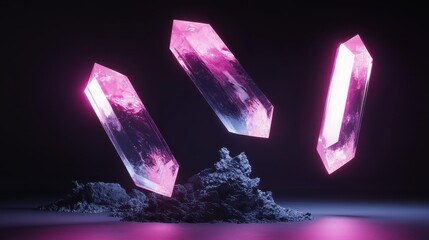 Poster - Floating Crystalline Shapes with Sharp Edges in a Dark Background and Glowing Pink Light