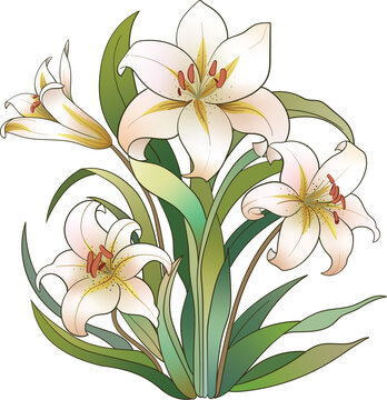 Lily flower. Vector illustration of Easter Lilies on white. Glass painting.