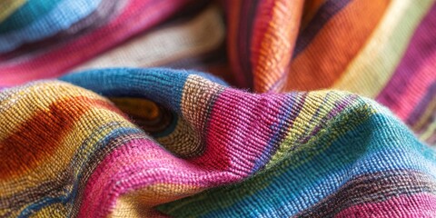 Poster - Closeup of vibrant striped textile fabric, showcasing a rich texture and intricate pattern. This colorful striped fabric adds depth and interest, perfect for various creative projects.