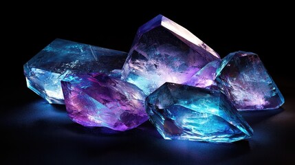 Poster - ethereal floating crystalline shapes with sharp edges glowing in vibrant blue and purple light