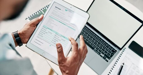 Poster - Hands, tablet screen and laptop for scroll, mortgage and online as financial advisor on mockup space. Person, technology and application for investment, property and real estate as broker for banking