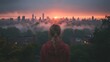 © ATVPEDIA ID - A person gazes at a vibrant sunset over a city skyline shrouded in mist.