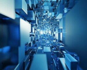 Poster - Abstract futuristic blue tunnel with interconnected cubes illuminated from the center.