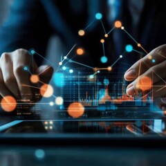 Poster - A businessman analyzing data with futuristic graphs and charts, showcasing digital innovation and analytics.