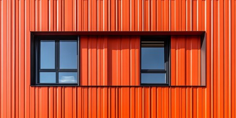 Wall Mural - Vibrant orange decor enhances the appearance of metal panels, creating a striking detail of a modern building facade filled with bright color and dynamic design. The contrasting elements stand out