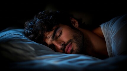 Poster - A man is peacefully sleeping on a comfortable pillow, surrounded by gentle shadows. The scene conveys tranquility, showcasing serene features illuminated softly, creating an intimate ambiance