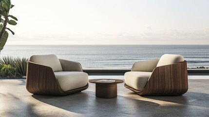 Wall Mural - Modern Lounge Chairs with Ocean View in Relaxing Outdoor Space