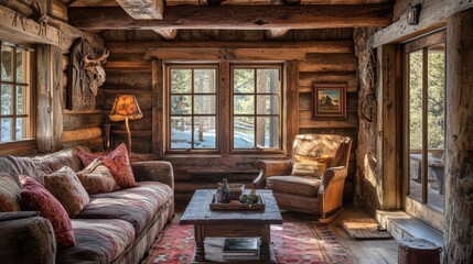 Wall Mural - Cozy Rustic Cabin Interior with Wood Beams and Warm Lighting