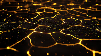 mesmerizing pattern of luminous threads creates surreal landscape, resembling network of glowing cells against dark background, evoking sense of wonder and depth