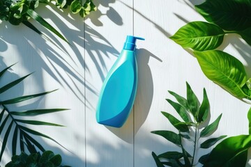 Wall Mural - Blue Fabric Softener Bottle Amidst Greenery on White Wooden Background