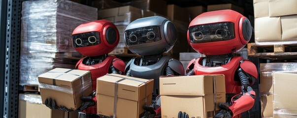 Poster - Three robot figures in a warehouse, each holding cardboard boxes, surrounded by stacks of packages.