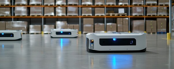 Poster - Automated robots navigate a warehouse, efficiently managing inventory with futuristic designs and glowing lights.