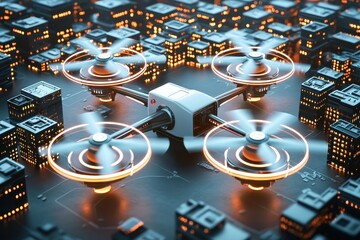 Poster - A futuristic drone hovers above a cityscape, showcasing a blend of technology and urban design, with illuminated buildings surrounding it.
