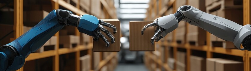 Poster - Two robotic arms exchanging a box in a warehouse filled with shelves, highlighting automation and technology in logistics.