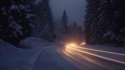 Poster - A car carefully navigating through a snowcovered road its light trails creating a mesmerizing pattern against the darkness.