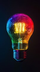 Poster - Colorful illuminated light bulb against dark background, creativity and innovation concept