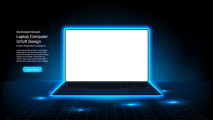 Poster - Portable Neon and Glowing Laptop Computer on Digital Grid: High-Tech UI or UX Design in Dark Room with Blue Lighting - Banner and Background Vector