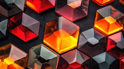 Poster - Intricate Arrangement of Hexagonal and Diamond Shaped Colorful Glass Pieces on Dark Surface