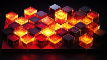 Poster - Intricate Hexagonal and Diamond Shaped Arrangement with Glow in Vivid Red and Orange Tones