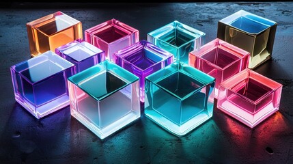 Poster - Intricate Arrangement of Hexagonal and Diamond-Shaped Colorful Blocks on a Dark Surface
