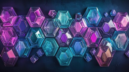 Poster - Intricate Arrangement of Hexagonal and Diamond Shaped Glass Pieces on a Dark Background