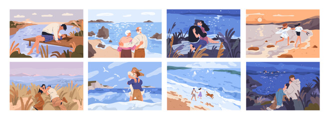 Canvas Print - Love couples on beach. Romantic seaside dates, honeymoon vacation set. Man and woman, summer holiday, time together at sea coast. Happy enamored people kissing, walking. Flat vector illustrations