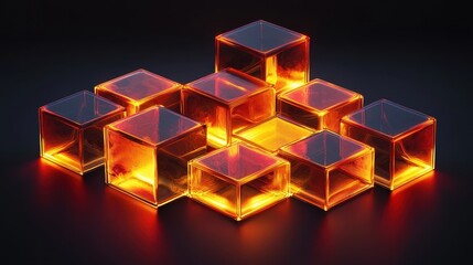 Poster - Intricate Arrangement of Hexagonal and Diamond Shaped Transparent Cubes with Glowing Light