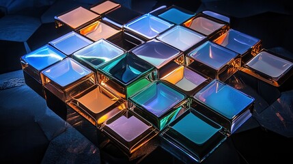 Poster - Intricate Arrangement of Hexagonal and Diamond-Shaped Elements with Vibrant Reflections and Lights