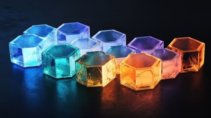 Poster - Intricate Arrangement of Hexagonal and Diamond Shaped Objects with Colorful Illumination