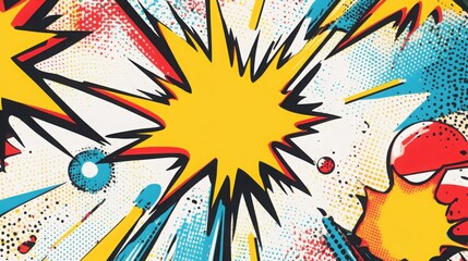 Wall Mural - Vivid comic book pop art pattern featuring dynamic explosions, bright lightning, and energetic beams showcasing a vibrant color palette in a playful design