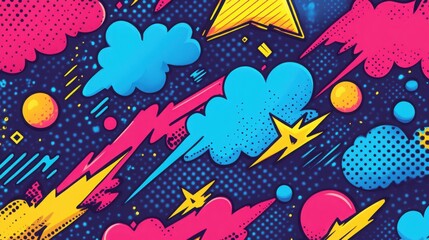 Wall Mural - Vibrant comic book style clouds pattern with colorful bursts and dynamic pop art elements creating an energetic background suitable for various creative projects