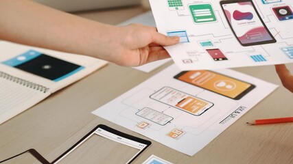 Aufkleber - panorama video of startup company employee planning on user interface prototype for mobile applicati