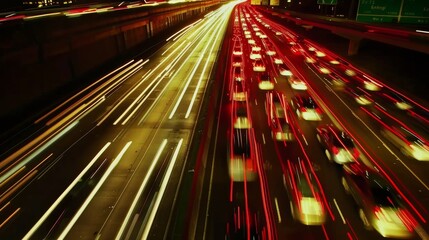 Poster - Fiery streaks of headlights and taillights merge together as cars zoom past each other in a symphony of speed on the busy freeway.
