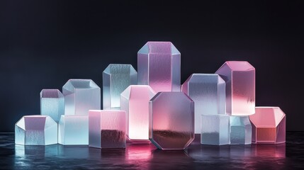 Poster - Intricate Arrangement of Hexagonal and Diamond-Shaped Objects with Colorful Lighting