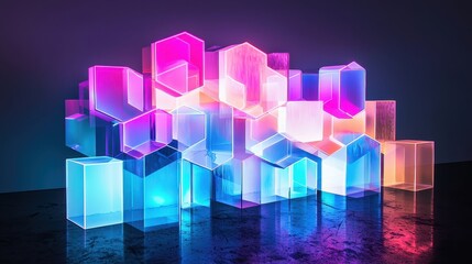 Poster - Intricate Arrangement of Colorful Hexagonal and Diamond-Shaped Geometric Shapes in Vibrant Lights