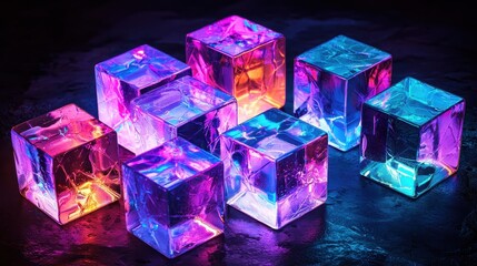 Poster - Intricate Arrangement of Hexagonal and Diamond Shaped Ice Cubes with Vibrant Neon Lights